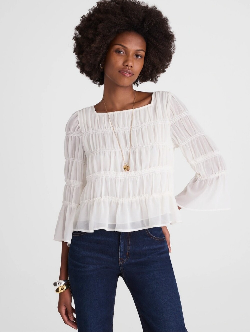 MADEWELL NWT SQUARENECK TIERED TOP WARM WHITE LONG SLEEVE BLOUSE SMALL